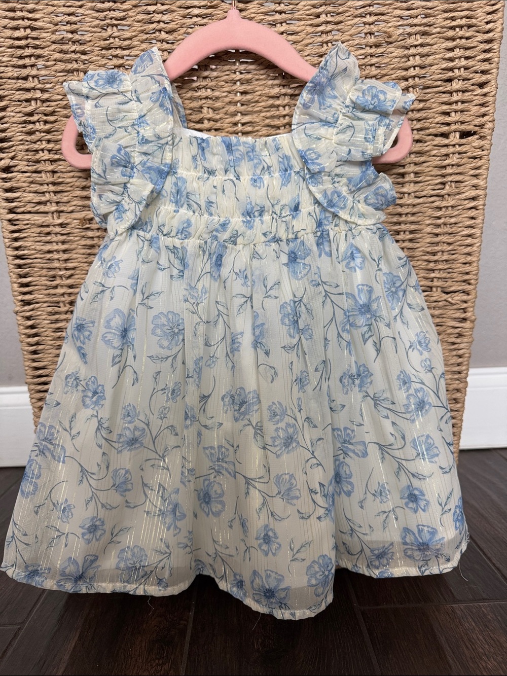 Rachel Zoe Cream Dress with Blue Floral Print and Ruffle Shoulders